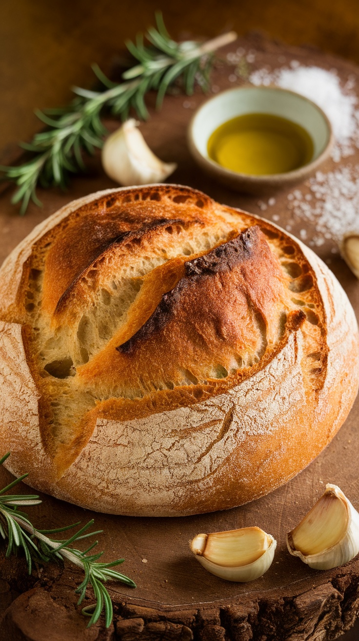 Golden crusty Rosemary Garlic Artisan Bread on a wooden board with rosemary and garlic.